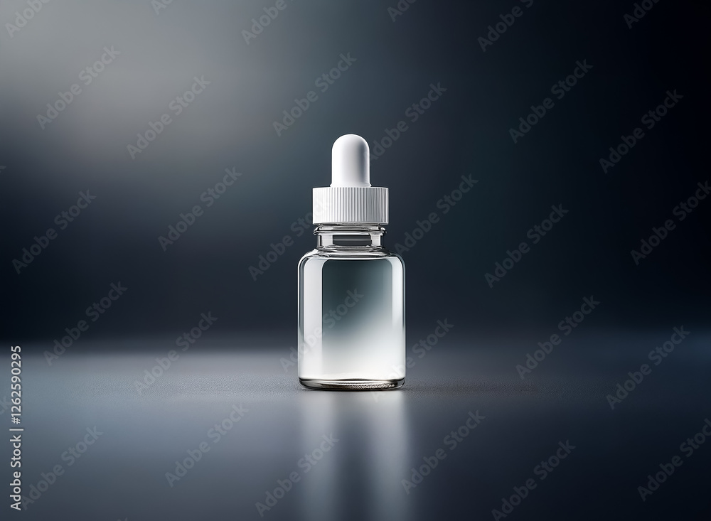 Poster A transparent glass bottle with a white dropper cap is centrally placed. It contains liquid and sits on a dark, smooth surface with a blurred backdrop.