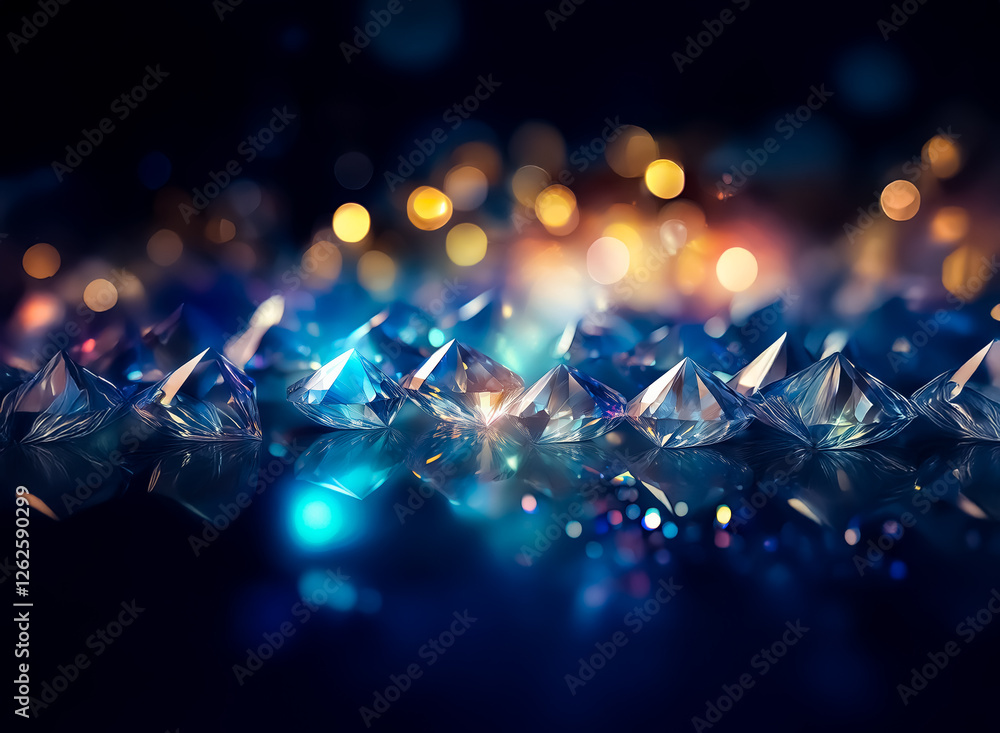 Poster Sparkling blue diamonds catch the light, creating a dazzling display with bokeh effects in the background. The gems shine brightly on a dark reflective surface.