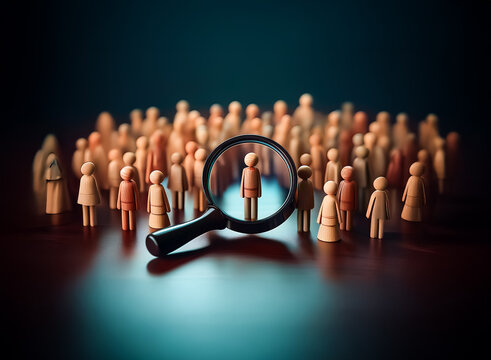 A magnifying glass highlights a single wooden figure amidst a crowd of similar figures, symbolizing selection and focus within a group.