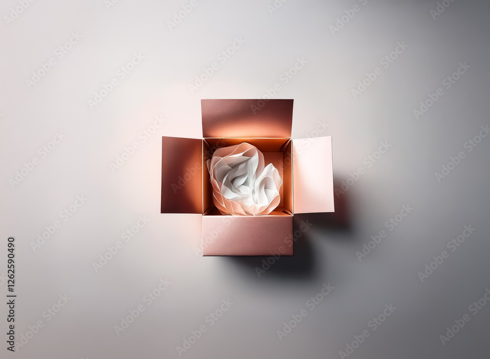Poster an open pink box with white crumpled tissue paper inside, viewed from above against a neutral backgr