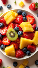 Obraz premium A beautifully arranged fruit salad in a white ceramic bowl, featuring strawberries, blueberries, kiwi, mango, grapes, and pomegranate seeds, garnished with fresh mint leaves for a vibrant and refreshi