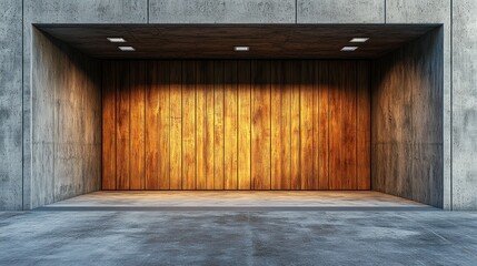 Modern wood garage door, concrete building, sunset