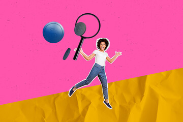 Template collage design trend artwork 3D sketch of young woman walk hand hold magnifier glass money...