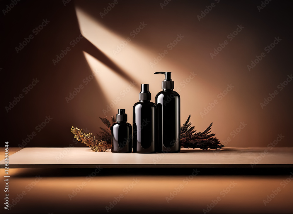 Aufkleber elegant black bottles of varying sizes are showcased on a platform, bathed in soft, natural light ag