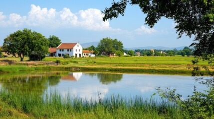 Obraz premium Tranquil rural landscape with pond reflecting white house