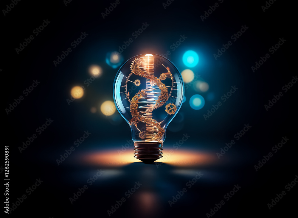 Poster Bright lightbulb illuminates golden DNA helix inside. Bokeh lights in blue and orange on dark background. Conceptual science image.