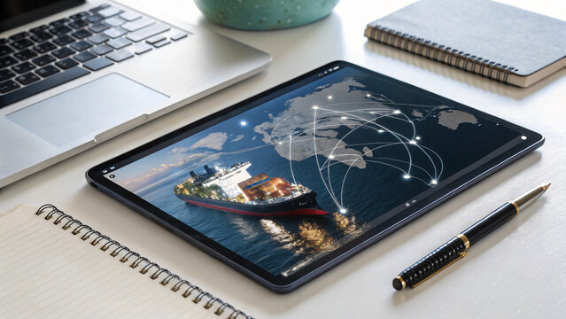 Global Shipping Concept with Tablet Displaying World Map and Logistics Connections - Powered by Adobe