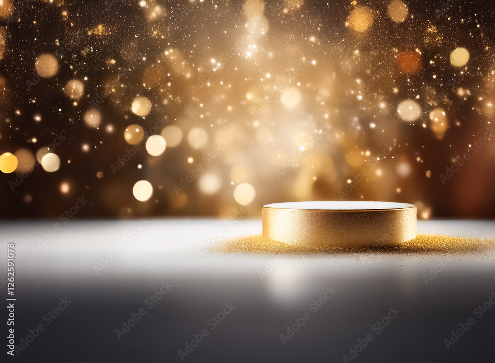 Poster golden podium stands on a reflective surface, bathed in sparkling bokeh lights, creating a luxurious
