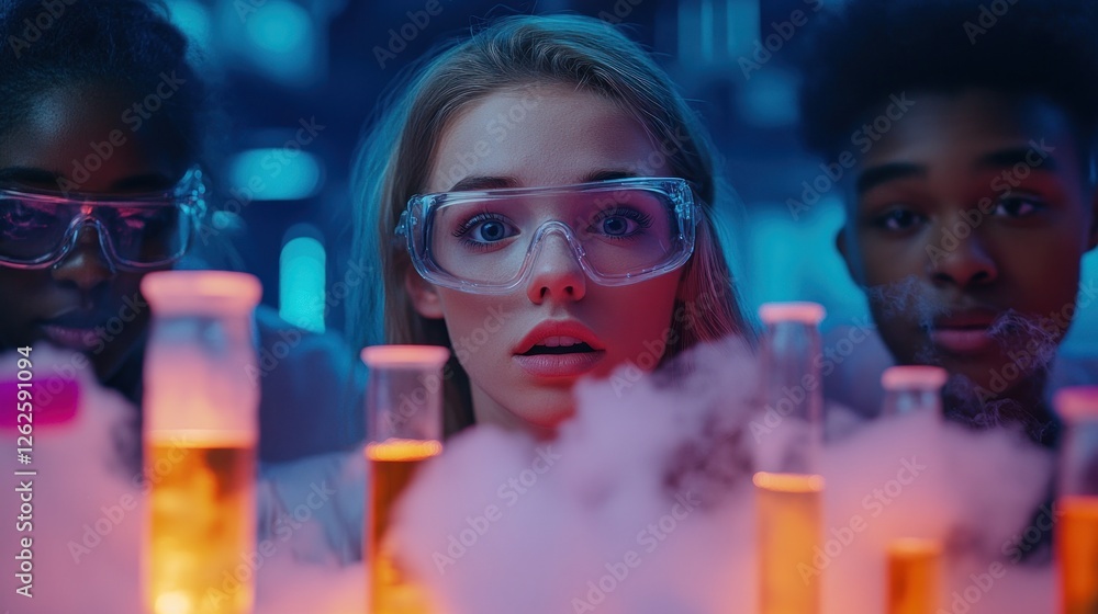 Poster young scientists observing colorful experiments in lab