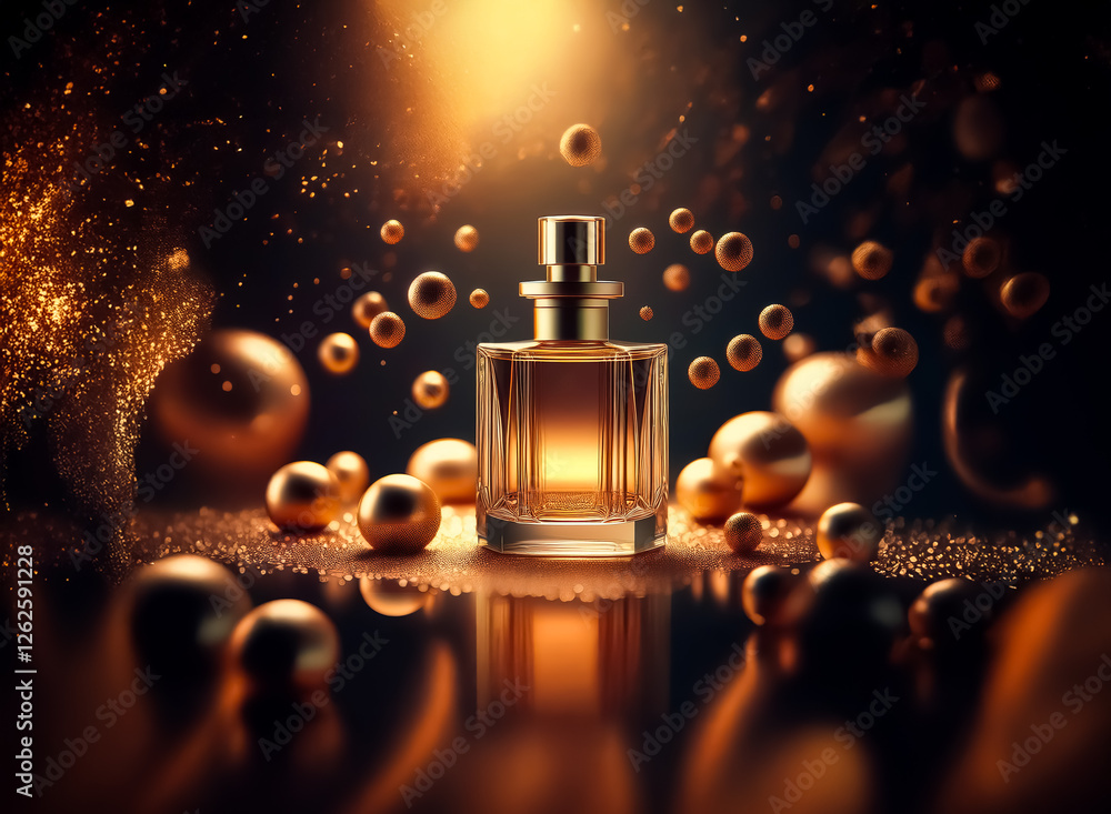 Aufkleber golden perfume bottle surrounded by floating gold spheres and sparkles on a reflective surface with 