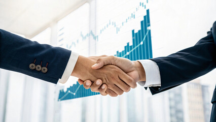 Business Partnership Agreement with Hands Shaking and Financial Graph in Background