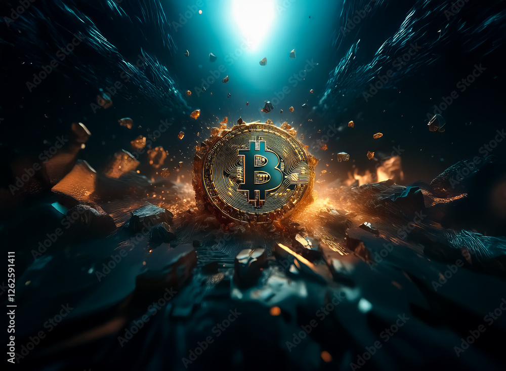 Poster golden digital currency explodes with energy in a dark, rocky cavern illuminated by a bright light f