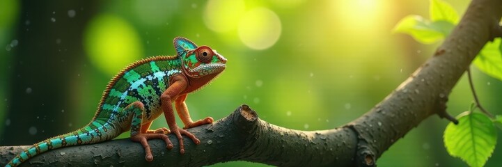 Chameleon on slender tree trunk, dappled sunlight, trunk, closeup, texture