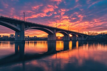 Fototapeta premium Majestic concrete bridge spanning wide river at sunset urban landscape photography captivating reflection and vibrant skies serene atmosphere architectural marvel from scenic viewpoint
