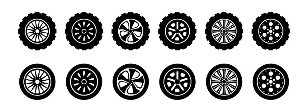 Car wheels set icon. Automobile tire silhouettes racing vehicle wheels vector set
