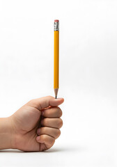 Hispanic hand carefully balancing a sharpened number 2 pencil vertically on the tip of thumb against a seamless white backdrop, emphasizing precision, focus, and balance