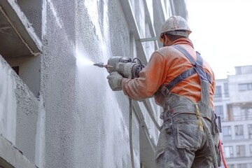 Construction worker spraying concrete mix on wall at standard construction site industrial environment close-up action shot highlighting concrete application techniques