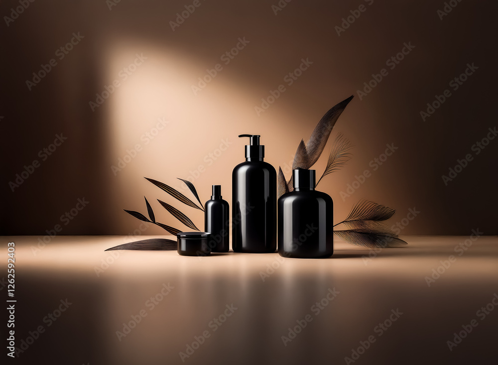 Poster elegant black bottles in varying sizes are arranged with plant leaves against a soft brown gradient 