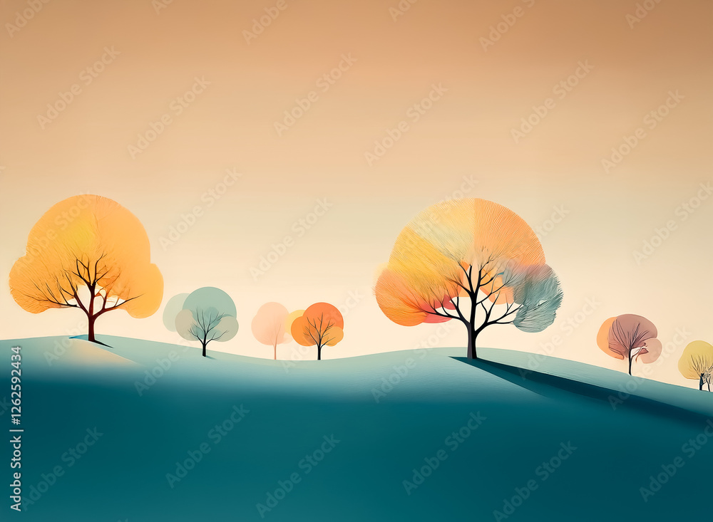 Poster minimalist landscape with stylized trees on rolling hills under a gradient sky. soft colors create a
