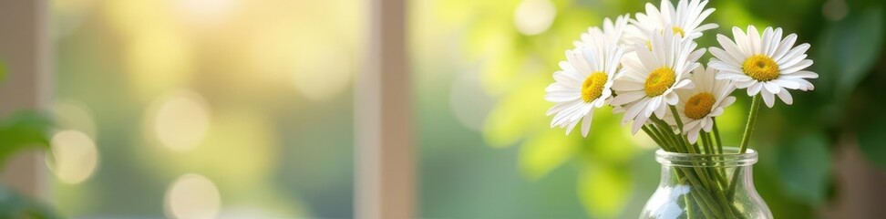 Fototapeta premium Pure white daisies in a glass vase, sunlight streams , flower arrangement, field
