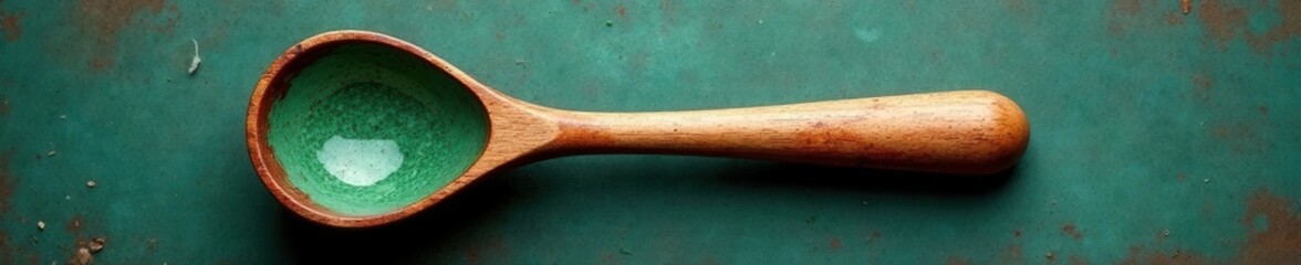 Green speckled ladle, wood handle Rustic kitchen utensil , ingredient, ladle, equipment