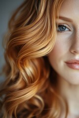 Closeup portrait of attractive woman with long wavy golden red hair and blue eyes, showcasing her radiant smile in soft lighting. Luxurious hairstyle and Loose waves concept.