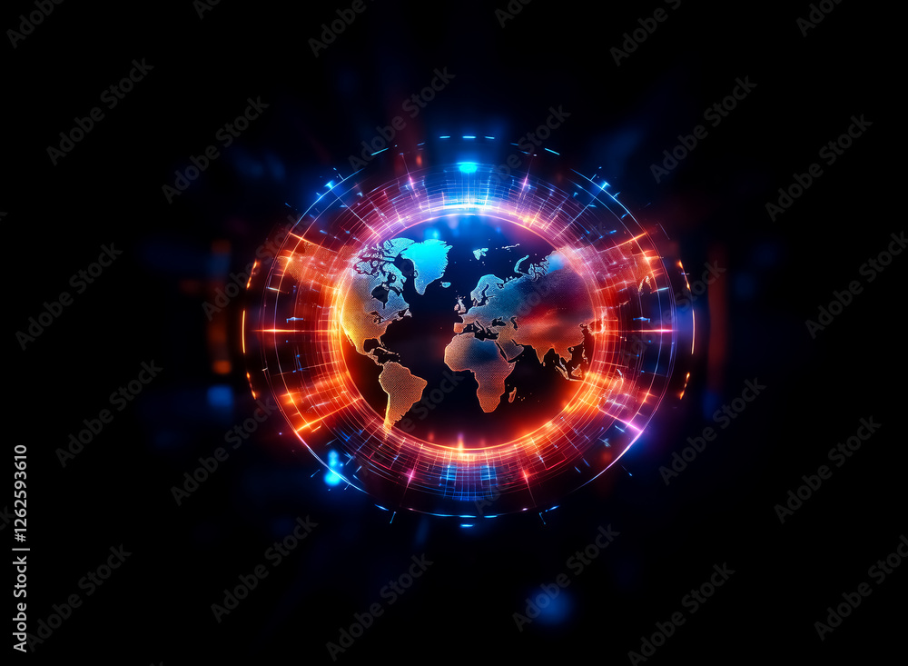Poster abstract digital earth sphere with vibrant blue and orange glow effects encircling it. a technologic