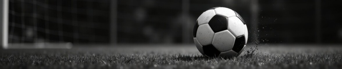 Naklejka premium High-contrast black & white shot of soccer ball impacting net; copy space available, football, movement