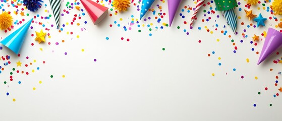 Brightly colored party hats, confetti, and decorations create a joyful setting, inviting guests to join in the festive celebration and enjoy the fun activities