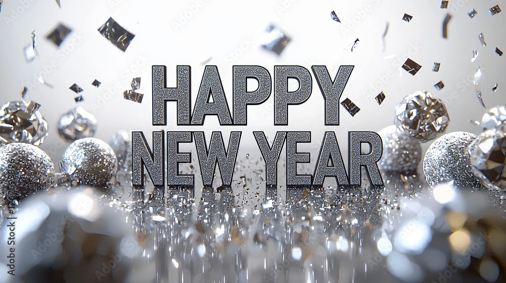 Poster festive display of happy new year message with silver decorations and sparkling background for celeb
