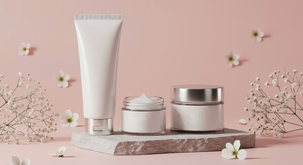 3d mock up bottle and jar cosmetic cream and flowers isolated on pink background