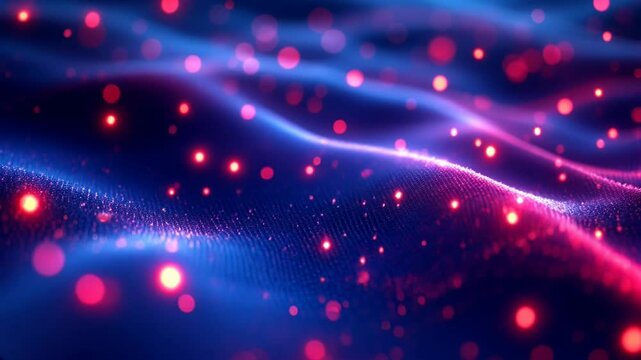 Abstract animation featuring a dynamic waving dots fluid texture that ebbs and flow glowing defocused particles drift