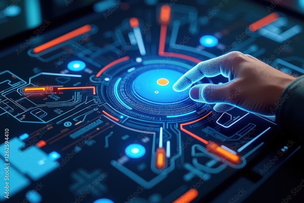 Poster futuristic interaction: a close-up of a human hand engaging with a high-tech digital interface in a 