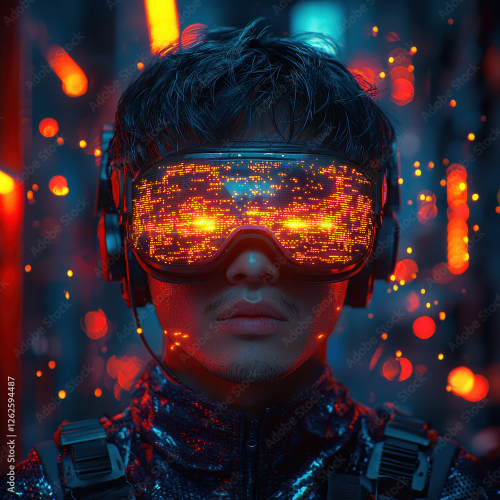 Poster young man explores surreal 3d game world in high-tech room while immersed in next-generation virtual