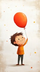 Fototapeta premium A child with brown hair smiles widely while holding a red balloon in a light-colored environment, surrounded by little confetti pieces of joy