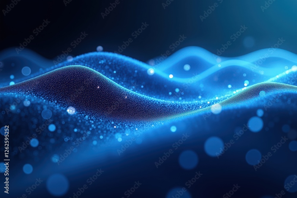 Poster a captivating wave of digital blue light: abstract oceanic landscape infused with sparkling particle