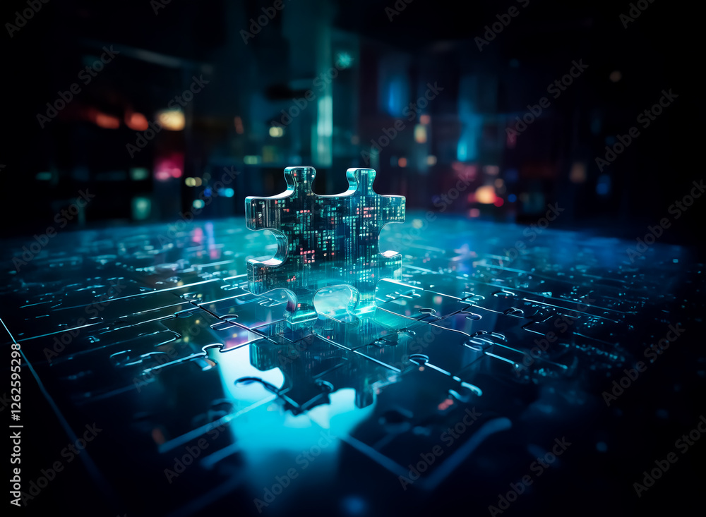 Leinwandbilder Chrome puzzle pieces connect on a glowing circuit board. Futuristic tech and digital integration concept.  Dark background with bright blue lights.