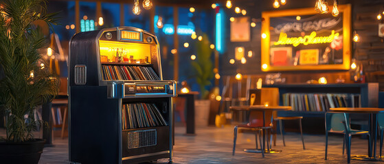 A vintage jukebox in a cozy cafe, surrounded by warm lights and modern decor, creating a nostalgic and inviting atmosphere.