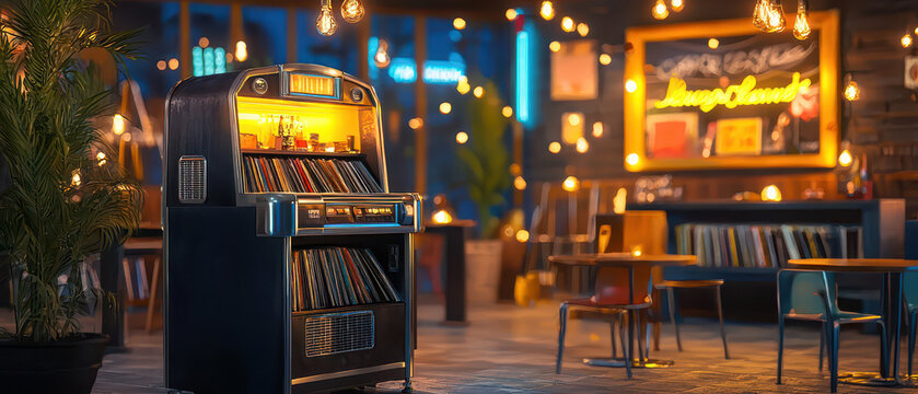 A vintage jukebox in a cozy cafe, surrounded by warm lights and modern decor, creating a nostalgic and inviting atmosphere.