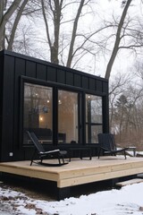 Cozy modern cabin surrounded by snow-covered trees showcasing large windows and a wooden deck for relaxation and enjoyment