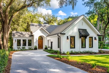 A contemporary white house featuring an enchanting design is beautifully nestled amidst vibrant greenery, with a scenic driveway that glows in the bright daylight