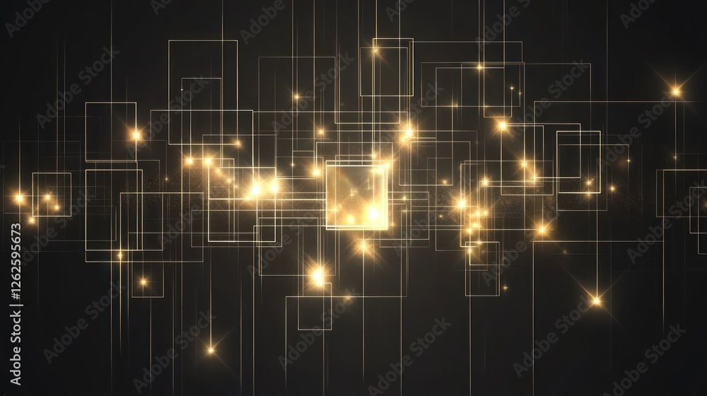 Poster a mesmerizing abstract background featuring glowing golden squares and sparkling lights, creating a 