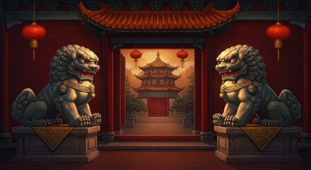 Fototapeta premium Majestic stone lions guard the entrance of a traditional temple, surrounded by vibrant red lanterns