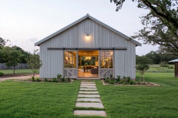 Beautiful country retreat featuring a charming barn-style structure surrounded by lush greenery in the early evening light at a serene location