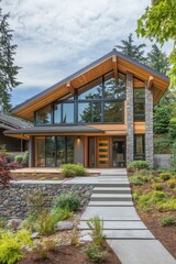 Fototapeta premium This contemporary residence features expansive windows and a charming stone facade, nestled within a vibrant green yard that's enveloped by flourishing trees, all under a bright, clear sky