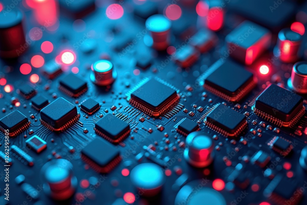 Aufkleber close-up view of a high-tech circuit board displaying neon red and blue lights amidst advanced micro