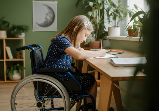 Disabled schoolgirl drawing with colored pencils while sitting in wheelchair, surrounded by potted plants and bookshelves in bright home learning space