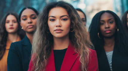 Obraz premium A diverse group of women in professional attire stands together, exuding confidence and empowerment