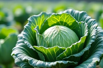 Obraz premium Close-up of Fresh Green Cabbage Head in Field