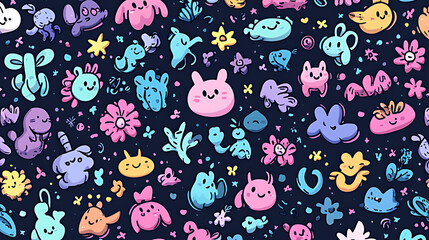 Seamless Pattern of Cute Colorful Cartoon Creatures on Dark Background